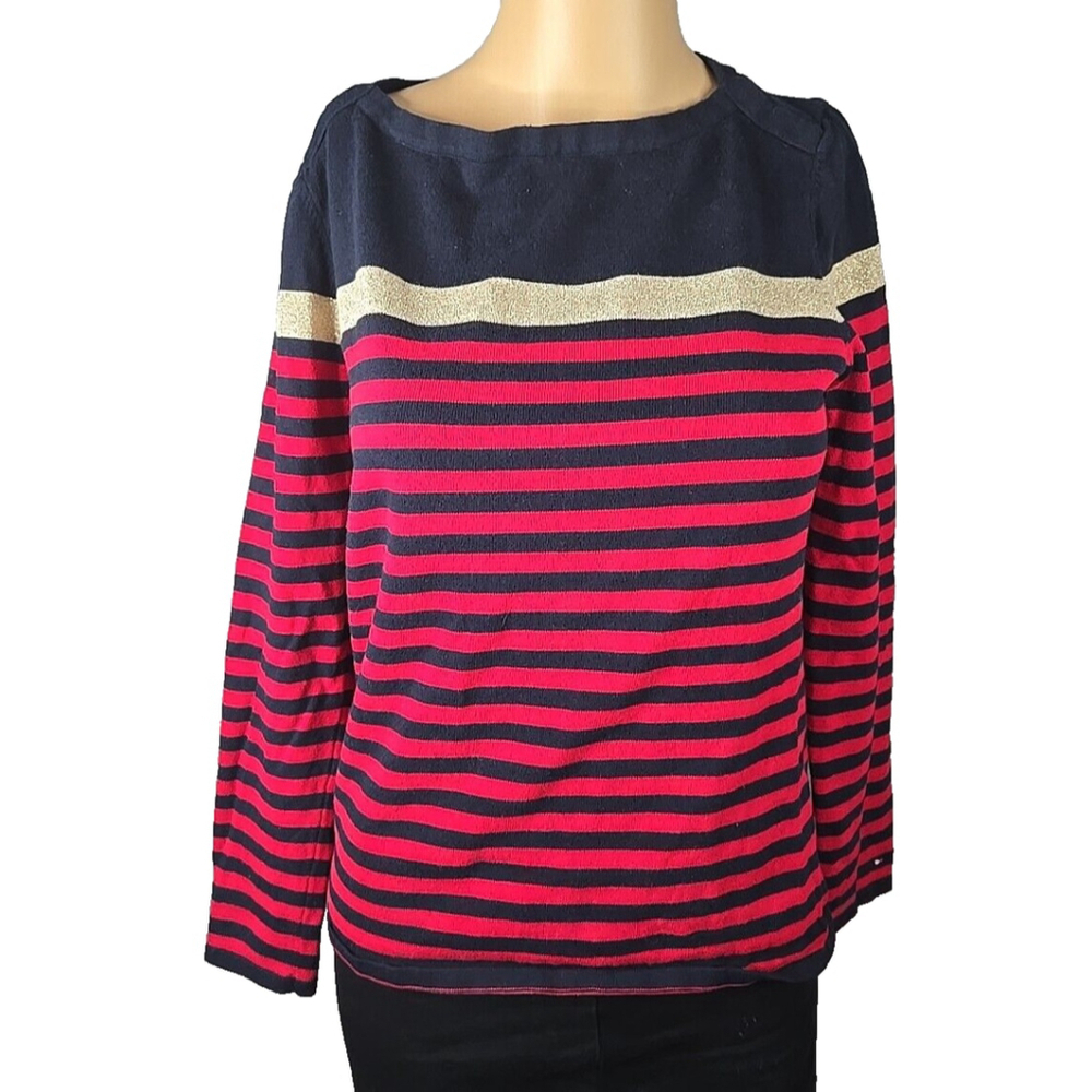 Tommy Hilfiger Women's Red Navy Gold Striped Long Sleeve Sweater Size Small